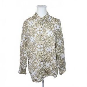 Charter Club Women's Linen Luxury Button-Up Blouse Size M White Beige Floral